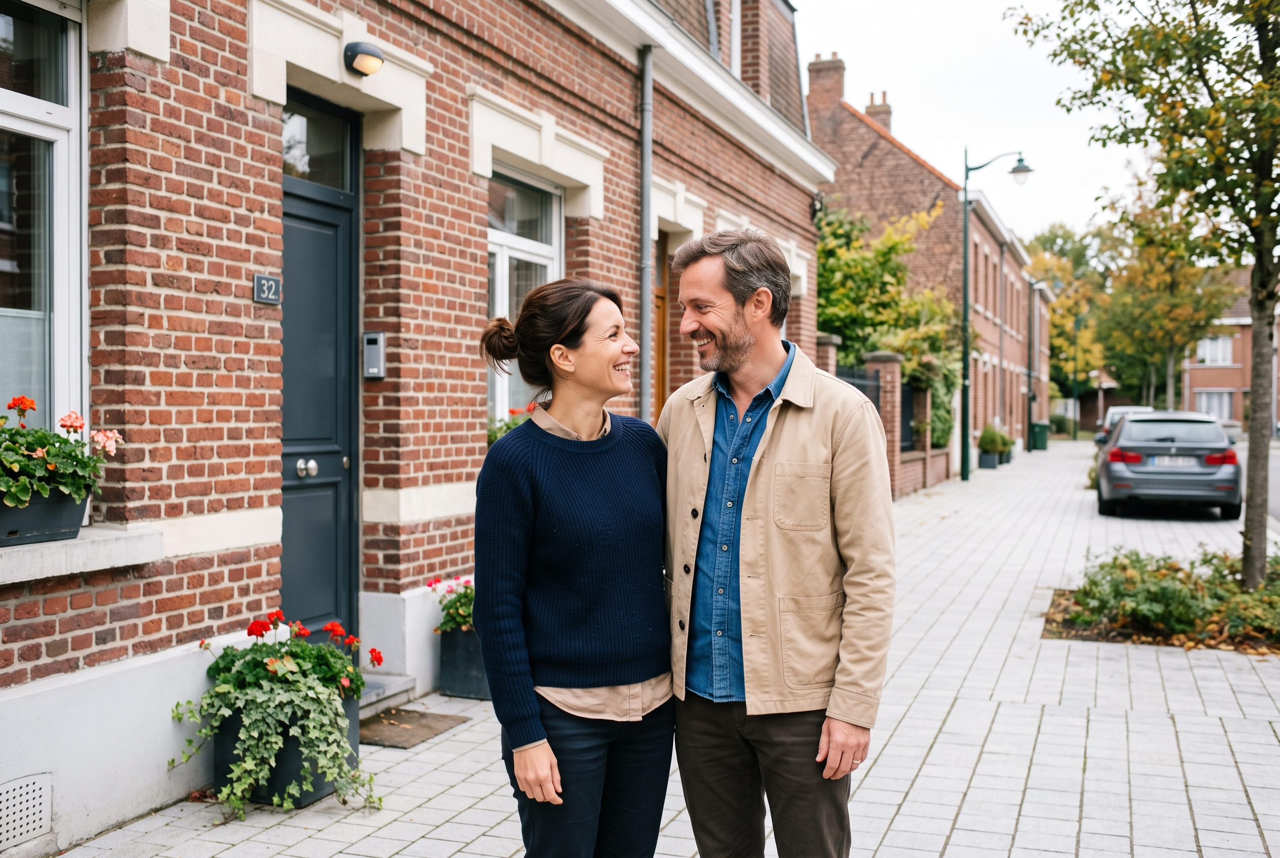 Couple devant une maison illustrant un nouvel achat immobilier