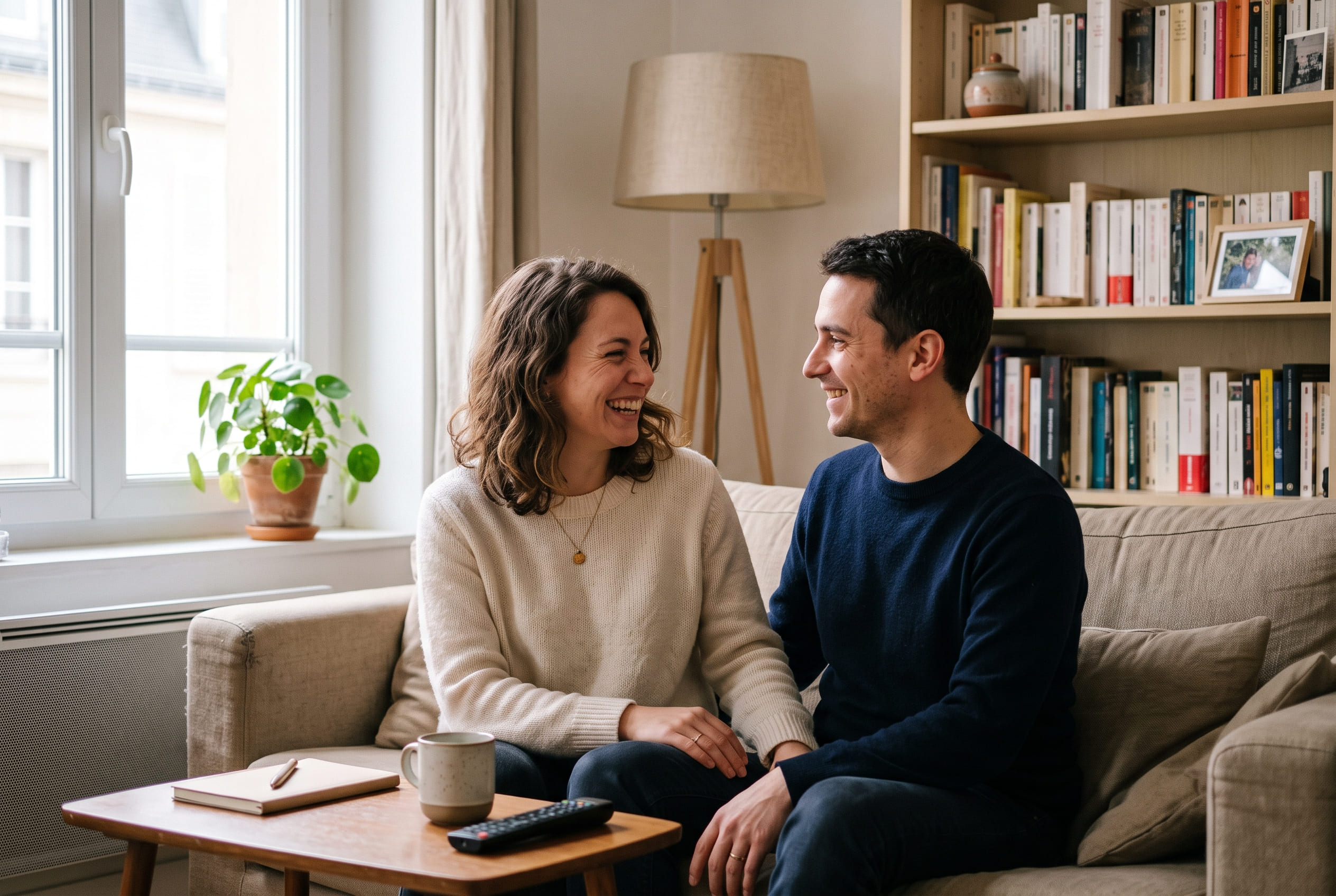 Couple illustrant le premier achat immobilier d’Élodie et Thomas