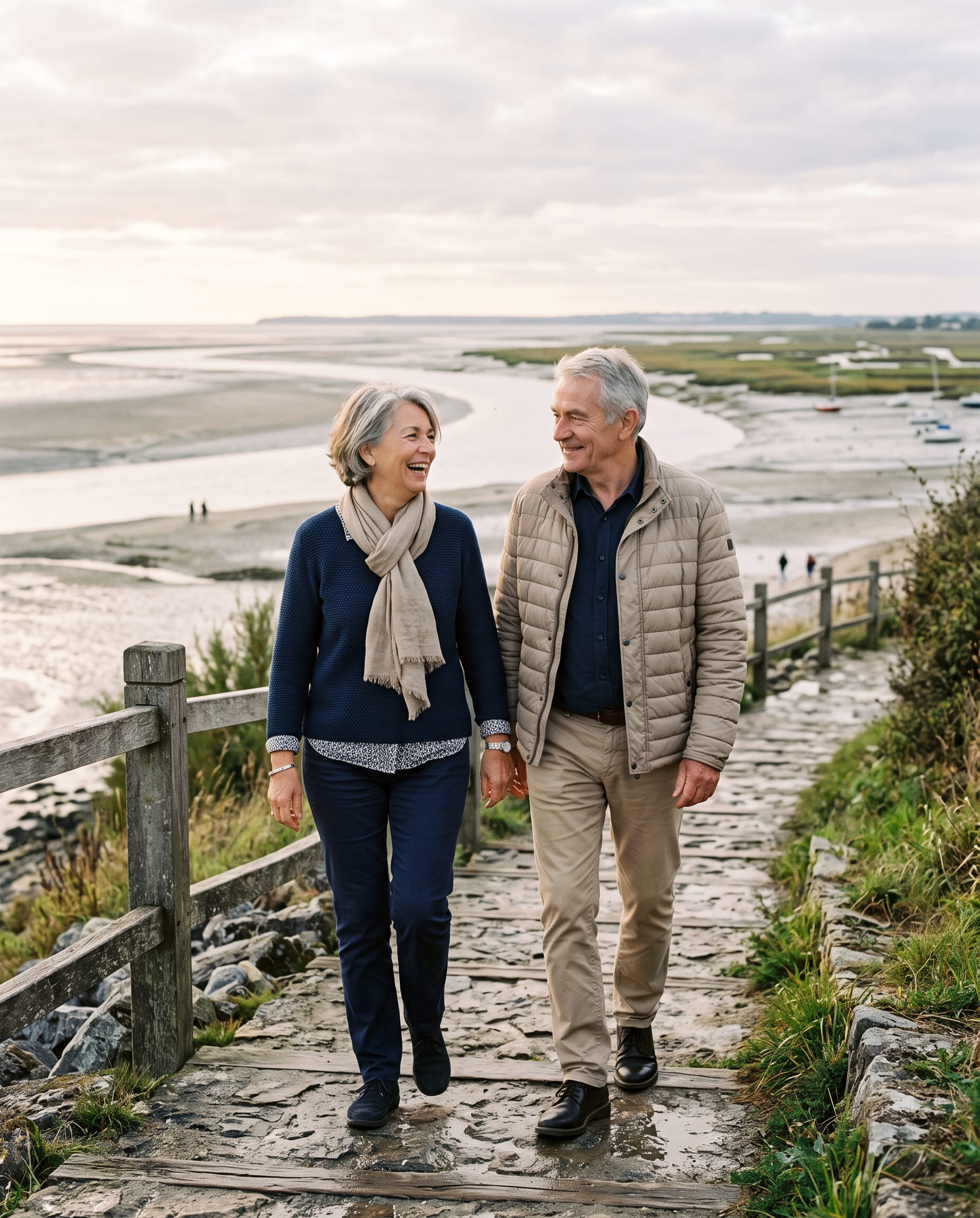 Un couple profite d’une promenade au bord de la mer