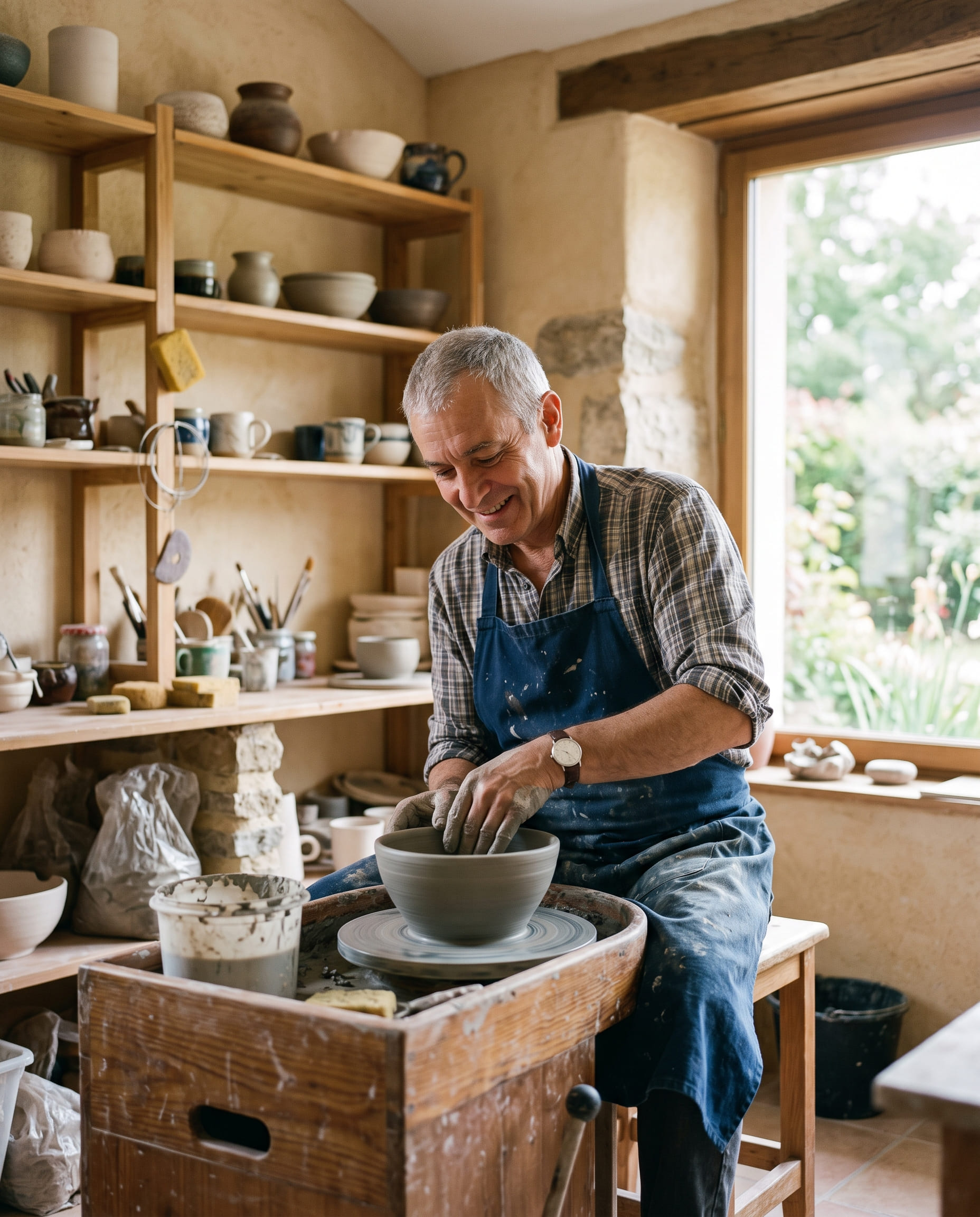 Un homme se consacre à la poterie dans son atelier personnel