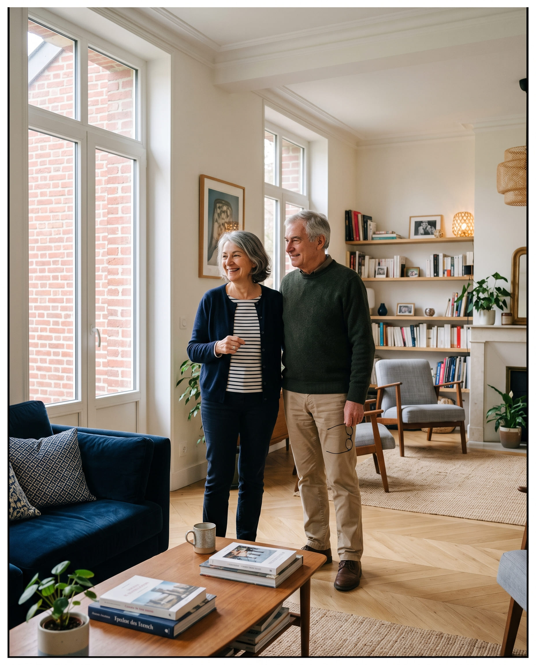 Un couple dans un salon rénové et lumineux