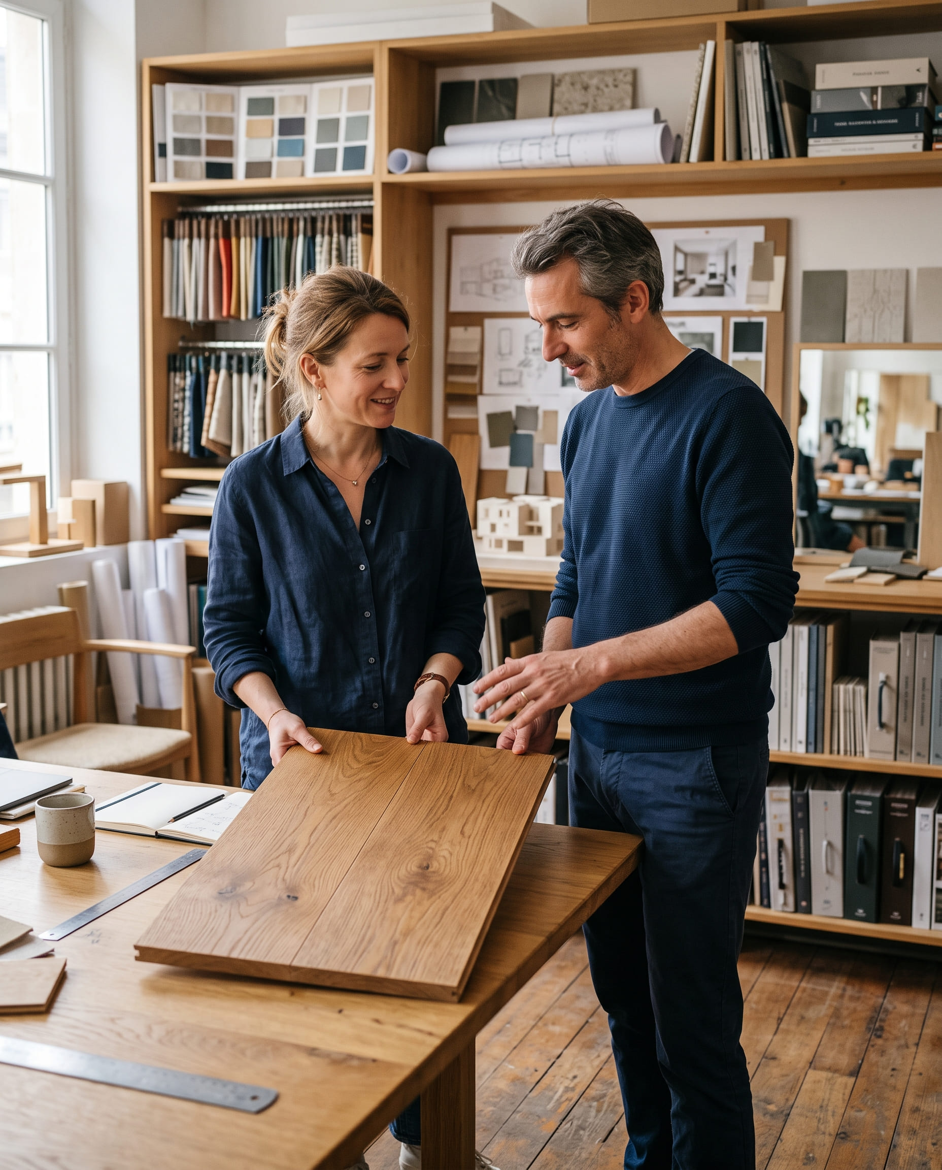 Deux professionnels échangeant dans leur entreprise