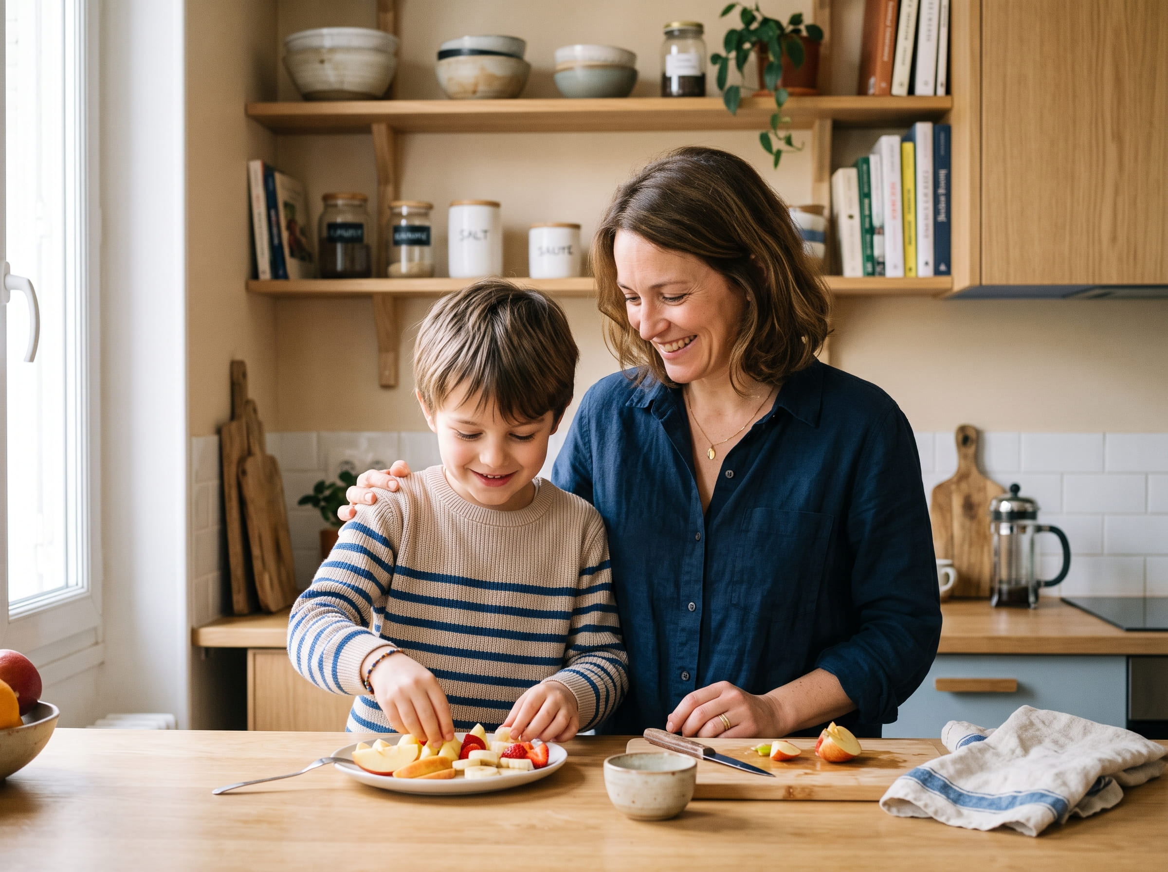 Une mère et son enfant partagent un moment dans leur cuisine.
