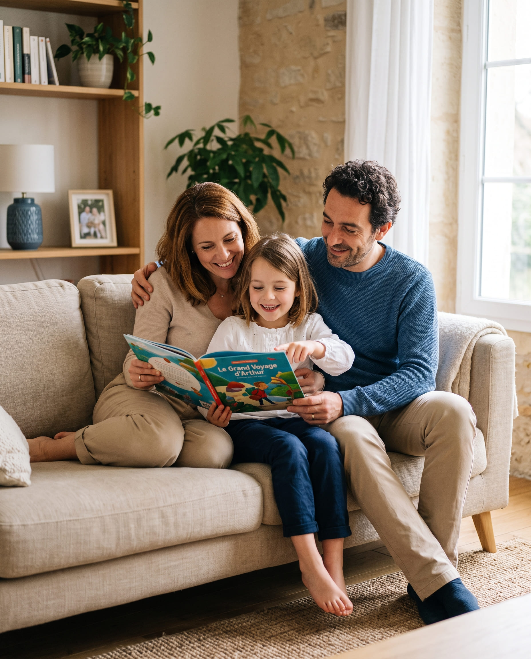 Des parents et leur enfant partageant un moment en famille à la maison