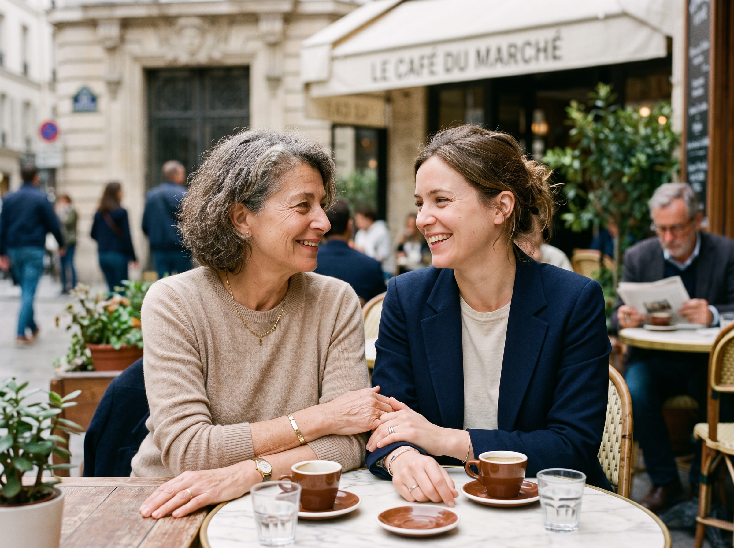 Une mère et sa fille adulte partagent un moment complice.
