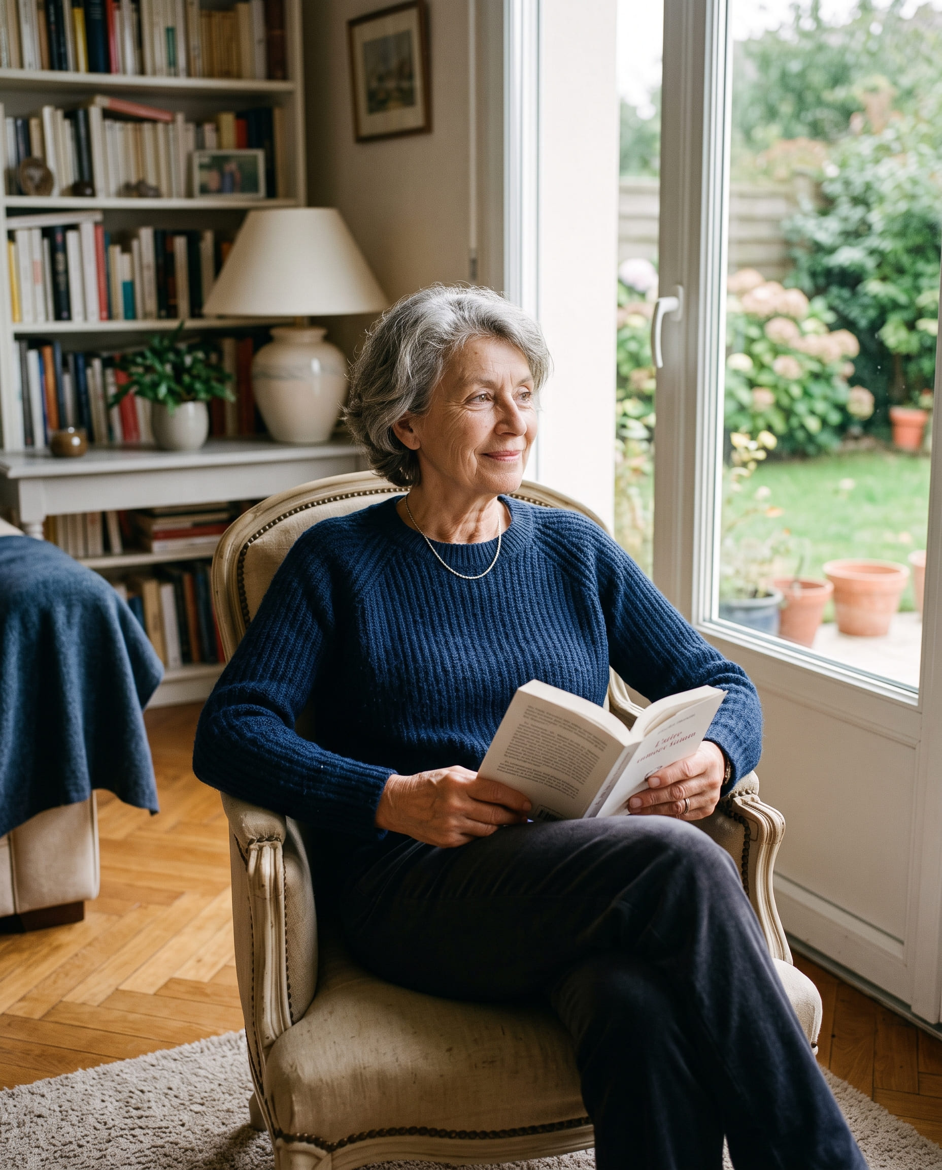 Une propriétaire senior profite d’un moment de lecture dans son salon