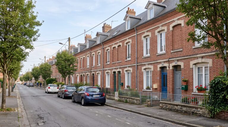 Rue résidentielle avec maisons traditionnelles en briques rouges pour illustrer l'évolution du prix de l’immobilier à Amiens.