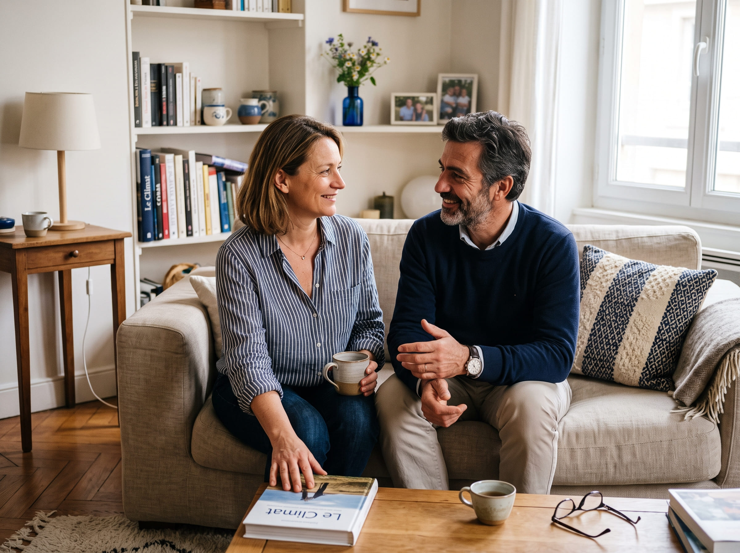 Un couple partage un moment chez lui.